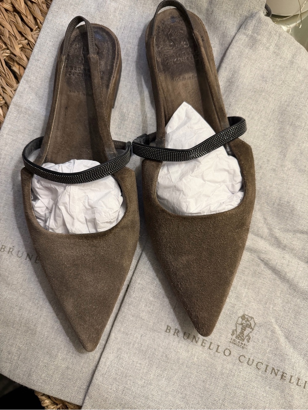 Brunello Cucinelli Brown Suede Pointed-Toe Slingback Flats